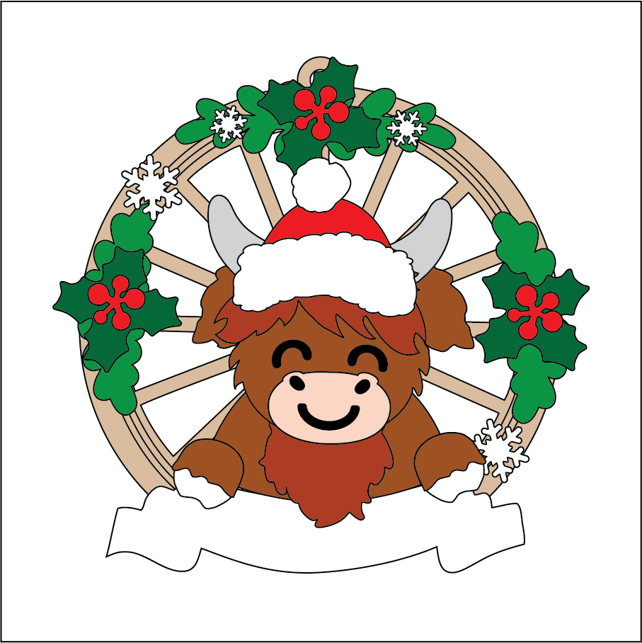 OL5437 - MDF Christmas Themed Cartwheel Hanging Bauble - Highland Cow 2 - Olifantjie - Wooden - MDF - Lasercut - Blank - Craft - Kit - Mixed Media - UK