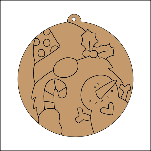 NO225 - MDF 2 Sizes  Christmas Hanging Bauble - Engraved Round Christmas Gnome Snowman - Olifantjie - Wooden - MDF - Lasercut - Blank - Craft - Kit - Mixed Media - UK