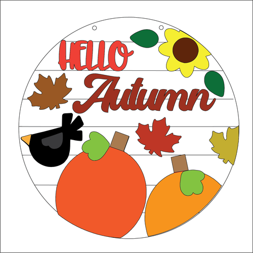 NO180 - MDF 2 Sizes Large Round Hello Autumn Hanging Sign - Olifantjie - Wooden - MDF - Lasercut - Blank - Craft - Kit - Mixed Media - UK