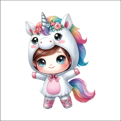 UV046 - UVDTF - Decal only Dress up child unicorn - Olifantjie - Wooden - MDF - Lasercut - Blank - Craft - Kit - Mixed Media - UK