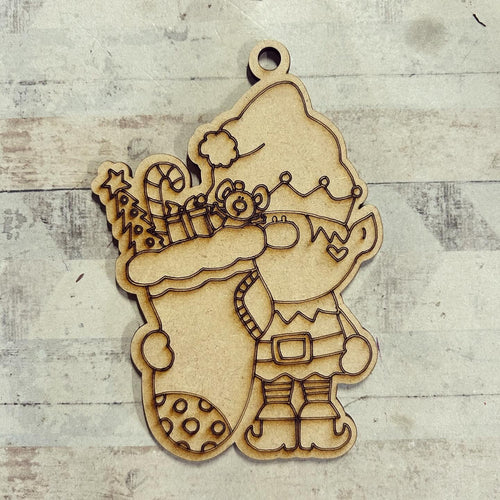 NO078 - MDF 2 Sizes  Christmas Hanging Bauble - Engraved Elf 1 - Olifantjie - Wooden - MDF - Lasercut - Blank - Craft - Kit - Mixed Media - UK