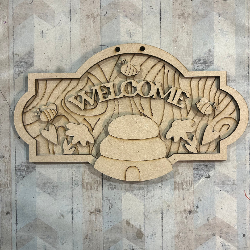 NO653 - MDF Welcome Bee Hive 25cm Street Sign - Olifantjie - Wooden - MDF - Lasercut - Blank - Craft - Kit - Mixed Media - UK