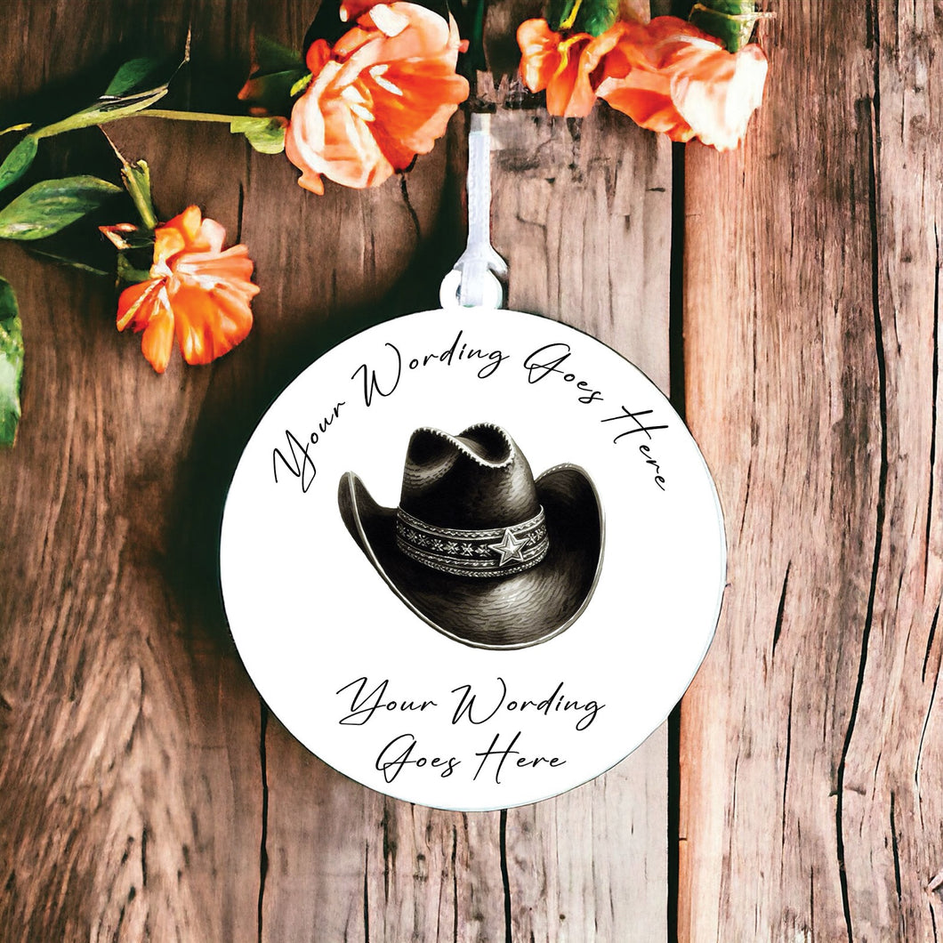 UV828 - Acrylic and UVDTF Personalised Round Hanging  - Cowboy Hat 6 - Olifantjie - Wooden - MDF - Lasercut - Blank - Craft - Kit - Mixed Media - UK