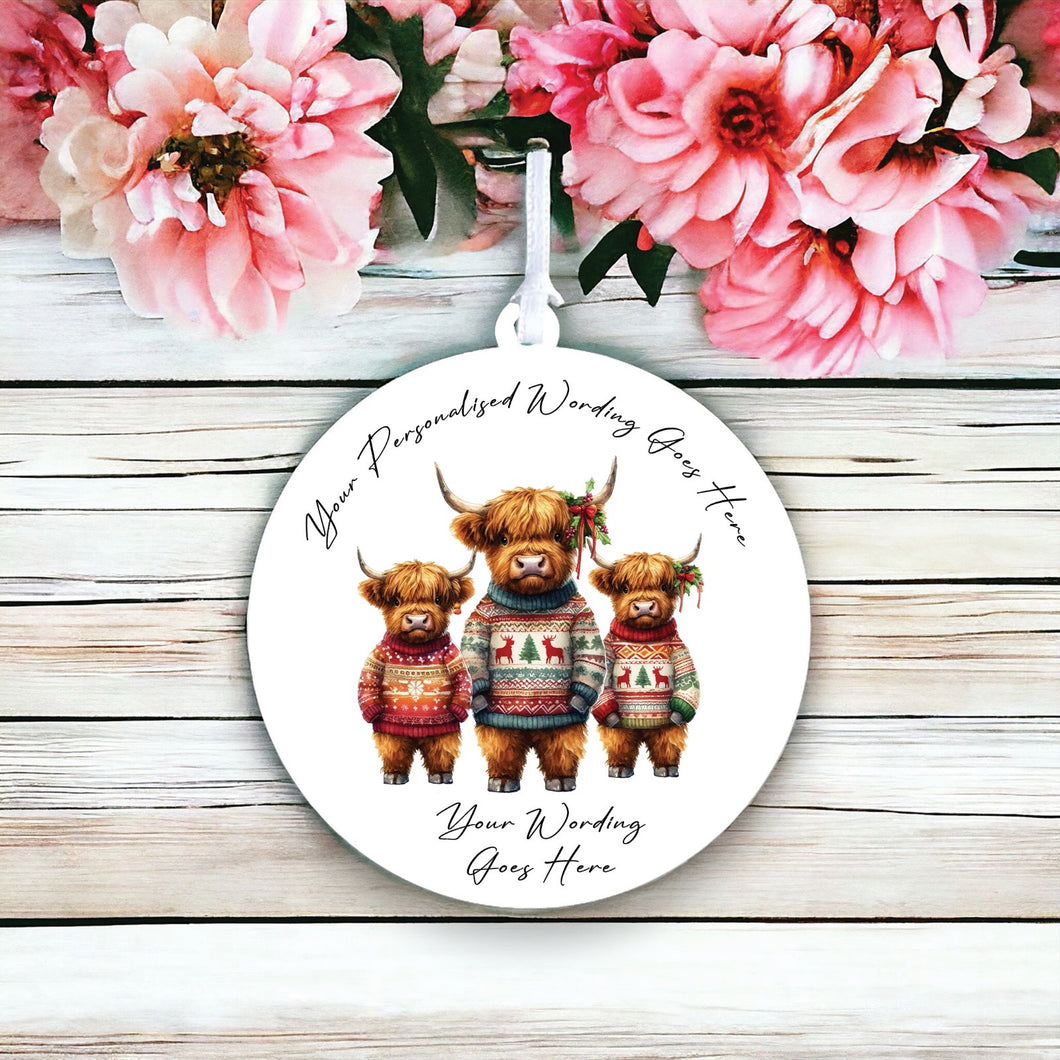 UV872 - Acrylic and UVDTF Personalised Round Hanging  - Highland Cow 6 - Olifantjie - Wooden - MDF - Lasercut - Blank - Craft - Kit - Mixed Media - UK