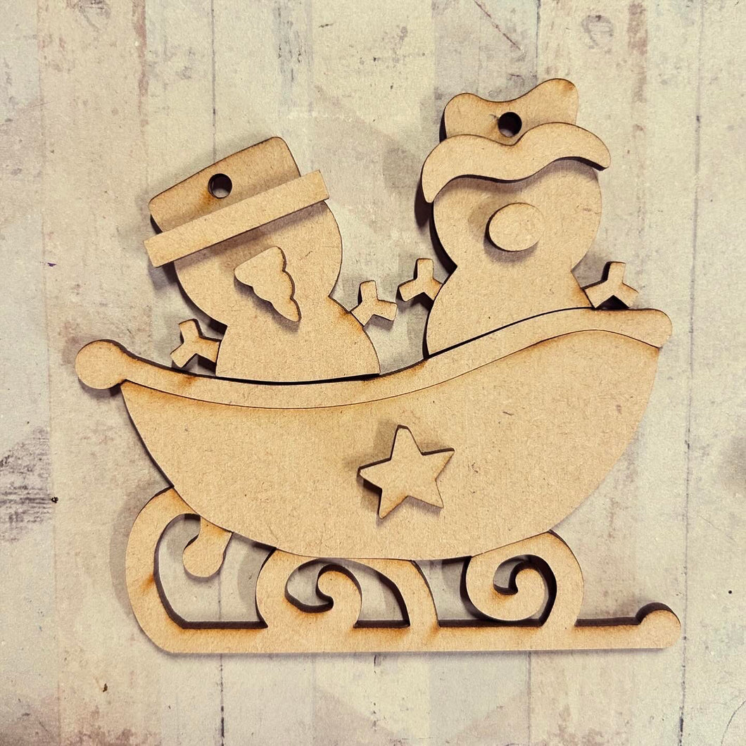 NO119 - MDF 2 Sizes Christmas Hanging Bauble - Snowman Style 7 Snow Sleigh - Olifantjie - Wooden - MDF - Lasercut - Blank - Craft - Kit - Mixed Media - UK