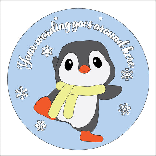 OL5338 - Large Round Christmas Penguin Personalised Plaque Style 3 - optional hanging - Olifantjie - Wooden - MDF - Lasercut - Blank - Craft - Kit - Mixed Media - UK