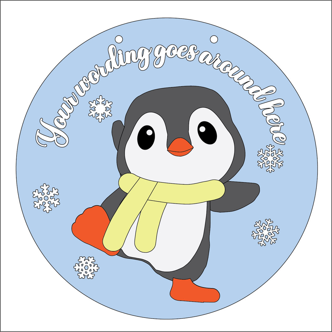 OL5338 - Large Round Christmas Penguin Personalised Plaque Style 3 - optional hanging - Olifantjie - Wooden - MDF - Lasercut - Blank - Craft - Kit - Mixed Media - UK