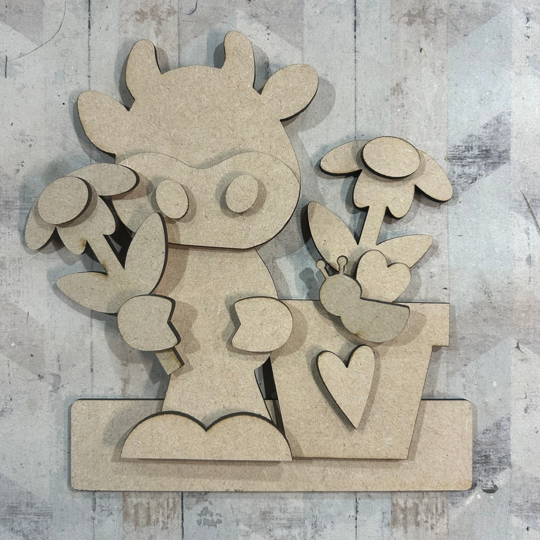 NO641 - MDF 15cm Freestanding Daisy Cow Scene - Olifantjie - Wooden - MDF - Lasercut - Blank - Craft - Kit - Mixed Media - UK