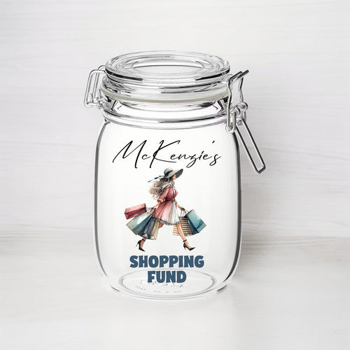 UV253 - Personalised Fund Jar UVDTF Decal - Female Shopping Fund - Olifantjie - Wooden - MDF - Lasercut - Blank - Craft - Kit - Mixed Media - UK