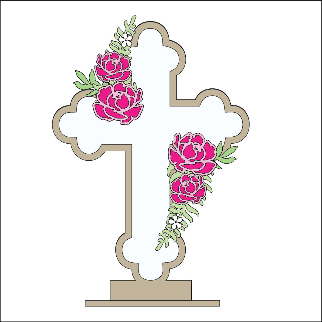 OL4641 - MDF and Acrylic Cross - Freestanding or Hanging/no holes - Acrylic white, or clear or MDF Cross - Peony - Olifantjie - Wooden - MDF - Lasercut - Blank - Craft - Kit - Mixed Media - UK