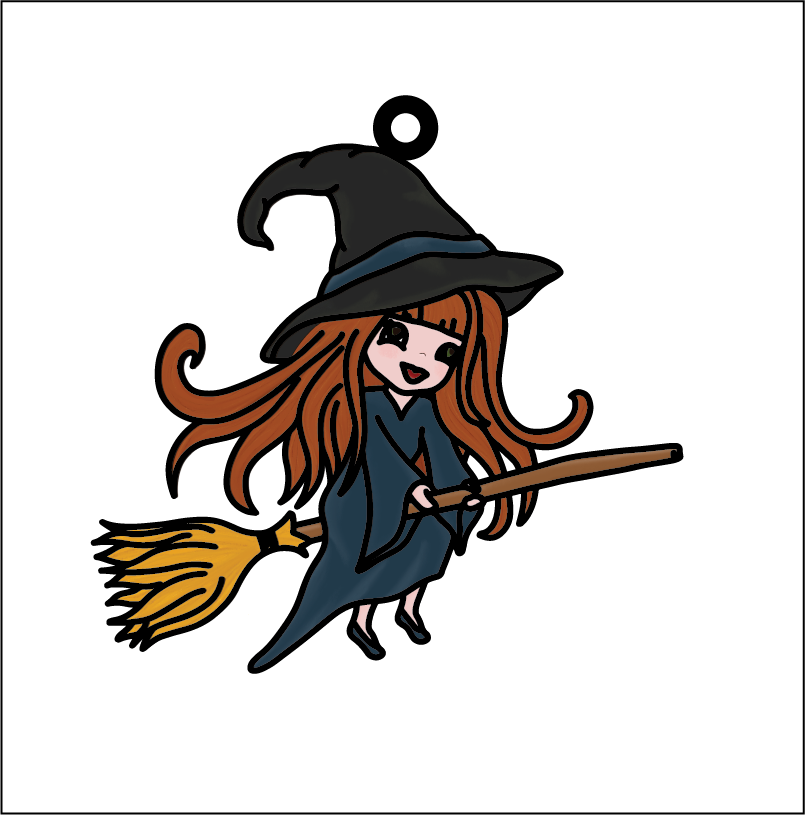 OL5385 - MDF Doodle Style Halloween Hanging - with or without banner - Cute witch - Olifantjie - Wooden - MDF - Lasercut - Blank - Craft - Kit - Mixed Media - UK