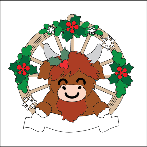 OL5436 - MDF Christmas Themed Cartwheel Hanging Bauble - Highland Cow 1 - Olifantjie - Wooden - MDF - Lasercut - Blank - Craft - Kit - Mixed Media - UK