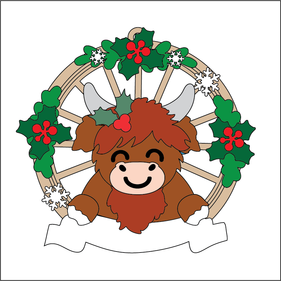 OL5436 - MDF Christmas Themed Cartwheel Hanging Bauble - Highland Cow 1 - Olifantjie - Wooden - MDF - Lasercut - Blank - Craft - Kit - Mixed Media - UK