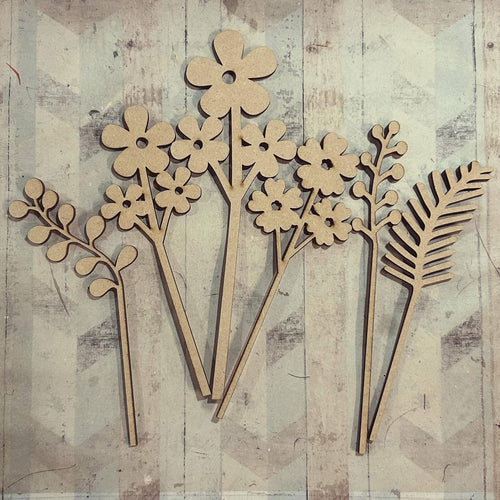 OL5982 - MDF Mixed Flowers Stems pack of 6 style 2 - Olifantjie - Wooden - MDF - Lasercut - Blank - Craft - Kit - Mixed Media - UK