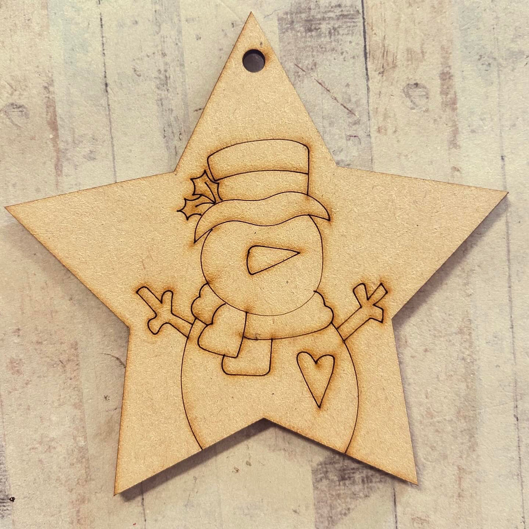 NO108 - MDF 2 Sizes  Christmas Hanging Bauble - Engraved Star Christmas Snowman 1 - Olifantjie - Wooden - MDF - Lasercut - Blank - Craft - Kit - Mixed Media - UK