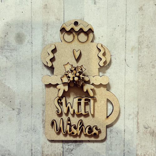 NO026 - MDF 2 Sizes Christmas Sweet Wishes Mug Gingerbread Hanging Bauble - Olifantjie - Wooden - MDF - Lasercut - Blank - Craft - Kit - Mixed Media - UK