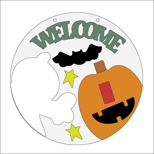 NO182 - MDF 2 Sizes Large Round Halloween Autumn Ghost Pumpkin Welcome Hanging Sign - Olifantjie - Wooden - MDF - Lasercut - Blank - Craft - Kit - Mixed Media - UK