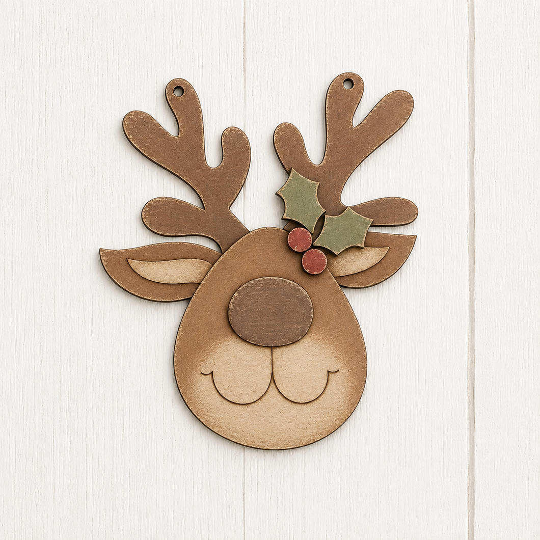NO915 - MDF Reindeer Head Christmas Ornament - Olifantjie - Wooden - MDF - Lasercut - Blank - Craft - Kit - Mixed Media - UK
