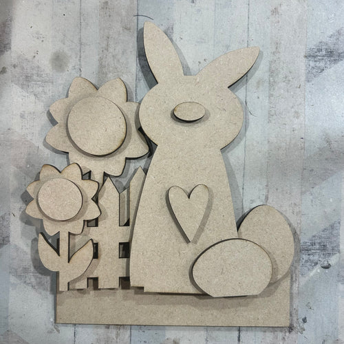 NO618 - MDF 15cm Freestanding Bunny Eggs Daisy Scene - Olifantjie - Wooden - MDF - Lasercut - Blank - Craft - Kit - Mixed Media - UK