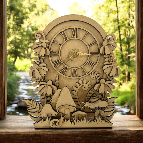 OL6083 - MDF Large Woodland Floral Clock with Mechanism and gold hands - Olifantjie - Wooden - MDF - Lasercut - Blank - Craft - Kit - Mixed Media - UK