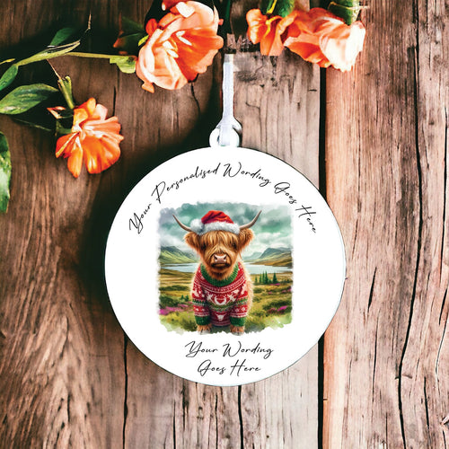 UV867 - Acrylic and UVDTF Personalised Round Hanging  - Highland Cow 1 - Olifantjie - Wooden - MDF - Lasercut - Blank - Craft - Kit - Mixed Media - UK