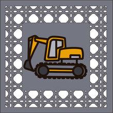 OL4387 - MDF Rattan effect square plaque with vehicle doodle - Digger - Olifantjie - Wooden - MDF - Lasercut - Blank - Craft - Kit - Mixed Media - UK