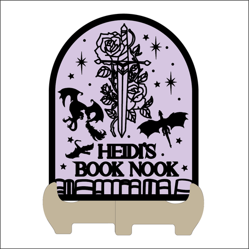 OL6006 - MDF Arched Themed Personalised Book Shelf Plaque with optional stand - Dragon Swords - Olifantjie - Wooden - MDF - Lasercut - Blank - Craft - Kit - Mixed Media - UK