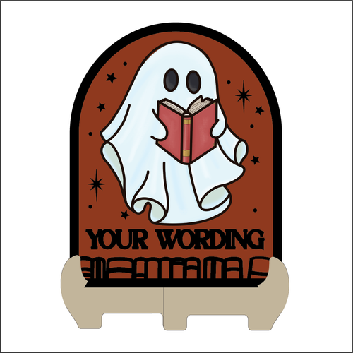 OL5987 - MDF Arched Themed Personalised Book Shelf Plaque with optional stand - Book Ghost 2 - Olifantjie - Wooden - MDF - Lasercut - Blank - Craft - Kit - Mixed Media - UK