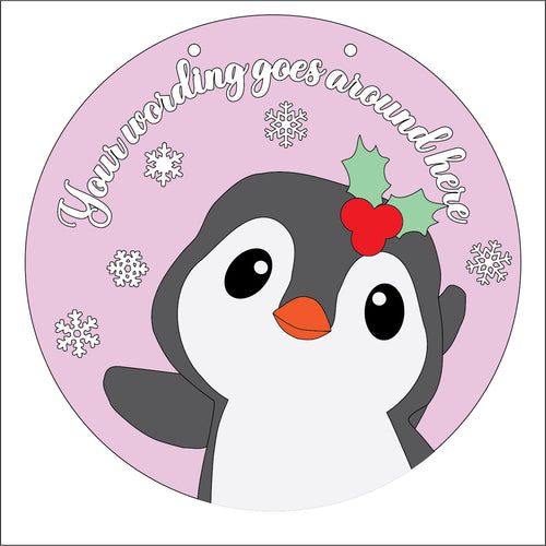 OL5340 - Large Round Christmas Penguin Personalised Plaque Style 5 - optional hanging - Olifantjie - Wooden - MDF - Lasercut - Blank - Craft - Kit - Mixed Media - UK