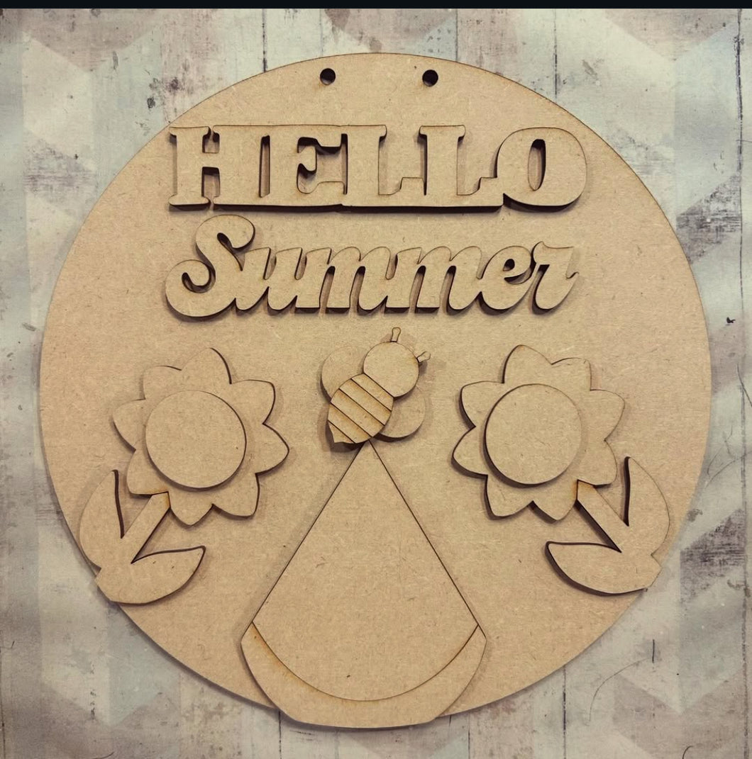 NO532 - MDF Large Round Hello Summer Melon Plaque - Olifantjie - Wooden - MDF - Lasercut - Blank - Craft - Kit - Mixed Media - UK