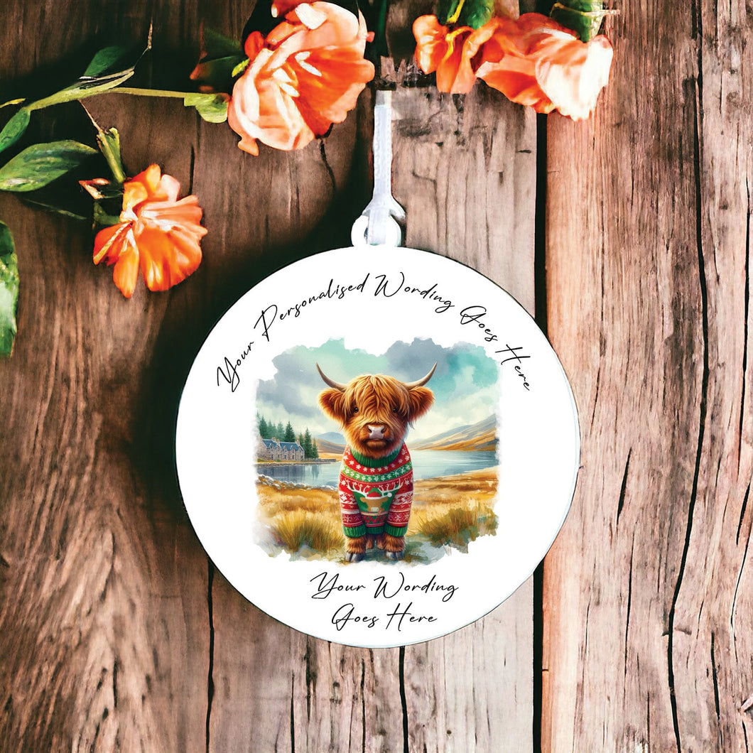 UV887 - Acrylic and UVDTF Personalised Round Hanging  - Highland Cow 21 - Olifantjie - Wooden - MDF - Lasercut - Blank - Craft - Kit - Mixed Media - UK