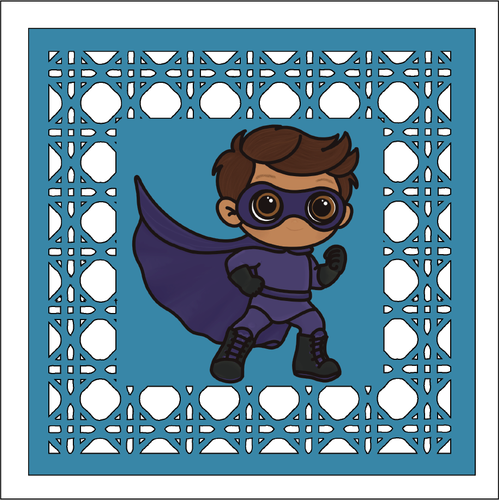 OL5894 - MDF Rattan effect square plaque with backing Superhero doodle - 1 - Olifantjie - Wooden - MDF - Lasercut - Blank - Craft - Kit - Mixed Media - UK