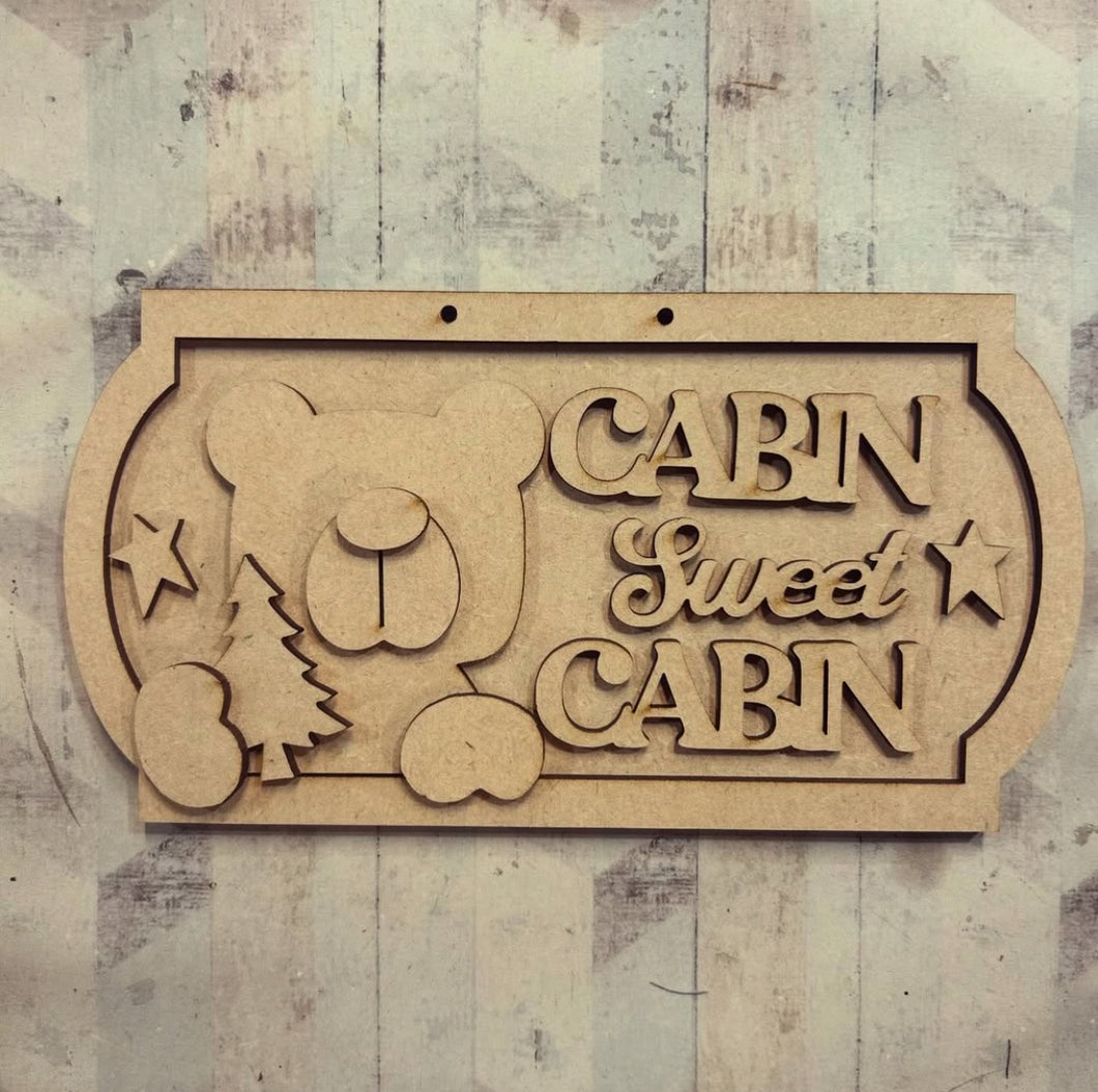 NO530 - MDF 2 Sizes Bear Cabin Plaque - Optional hanging - Olifantjie - Wooden - MDF - Lasercut - Blank - Craft - Kit - Mixed Media - UK