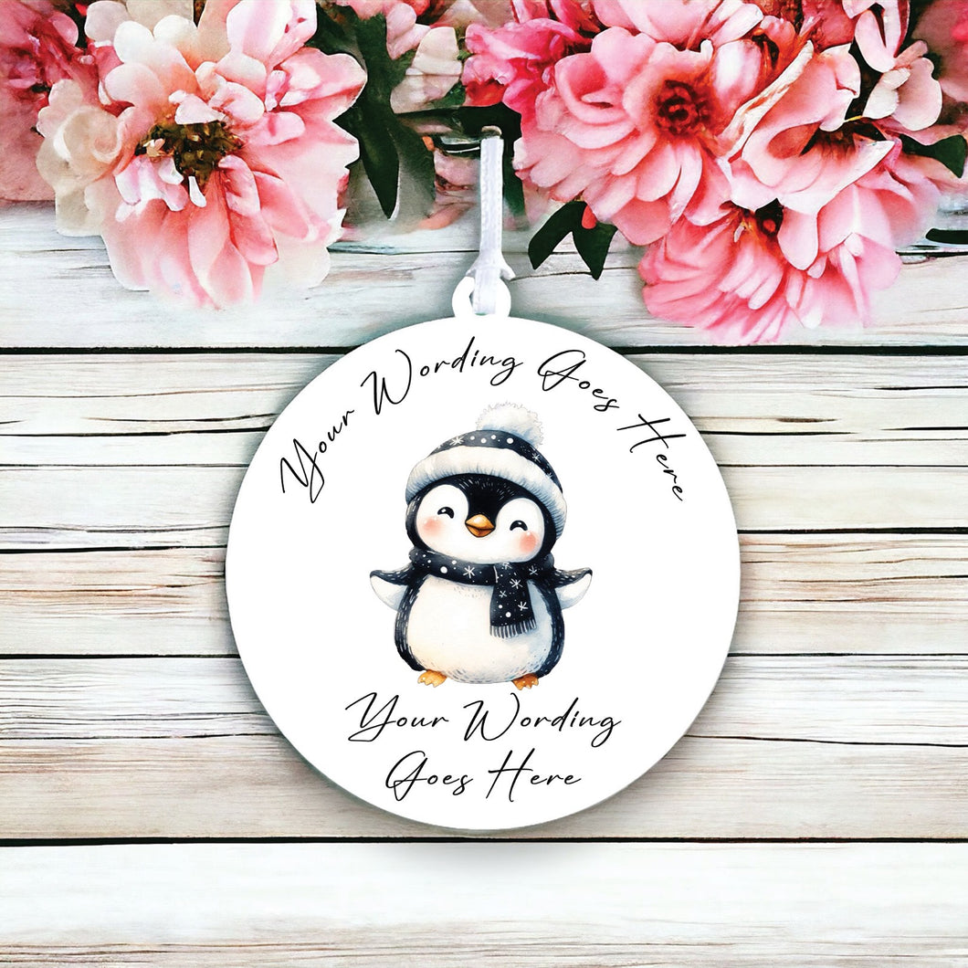 UV856 - Acrylic and UVDTF Personalised Round Hanging  - Penguin 1 - Olifantjie - Wooden - MDF - Lasercut - Blank - Craft - Kit - Mixed Media - UK