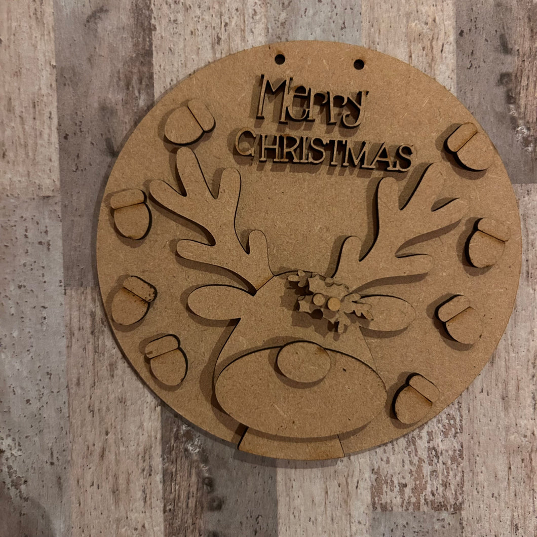 NO859 - MDF Reindeer Lights Merry Christmas hanging decoration - 2 sizes - Olifantjie - Wooden - MDF - Lasercut - Blank - Craft - Kit - Mixed Media - UK