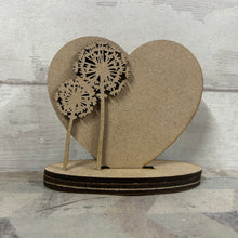 OL4999 - Freestanding mini heart with Dandelions  - Mdf, white acrylic or clear acrylic heart choices - Olifantjie - Wooden - MDF - Lasercut - Blank - Craft - Kit - Mixed Media - UK