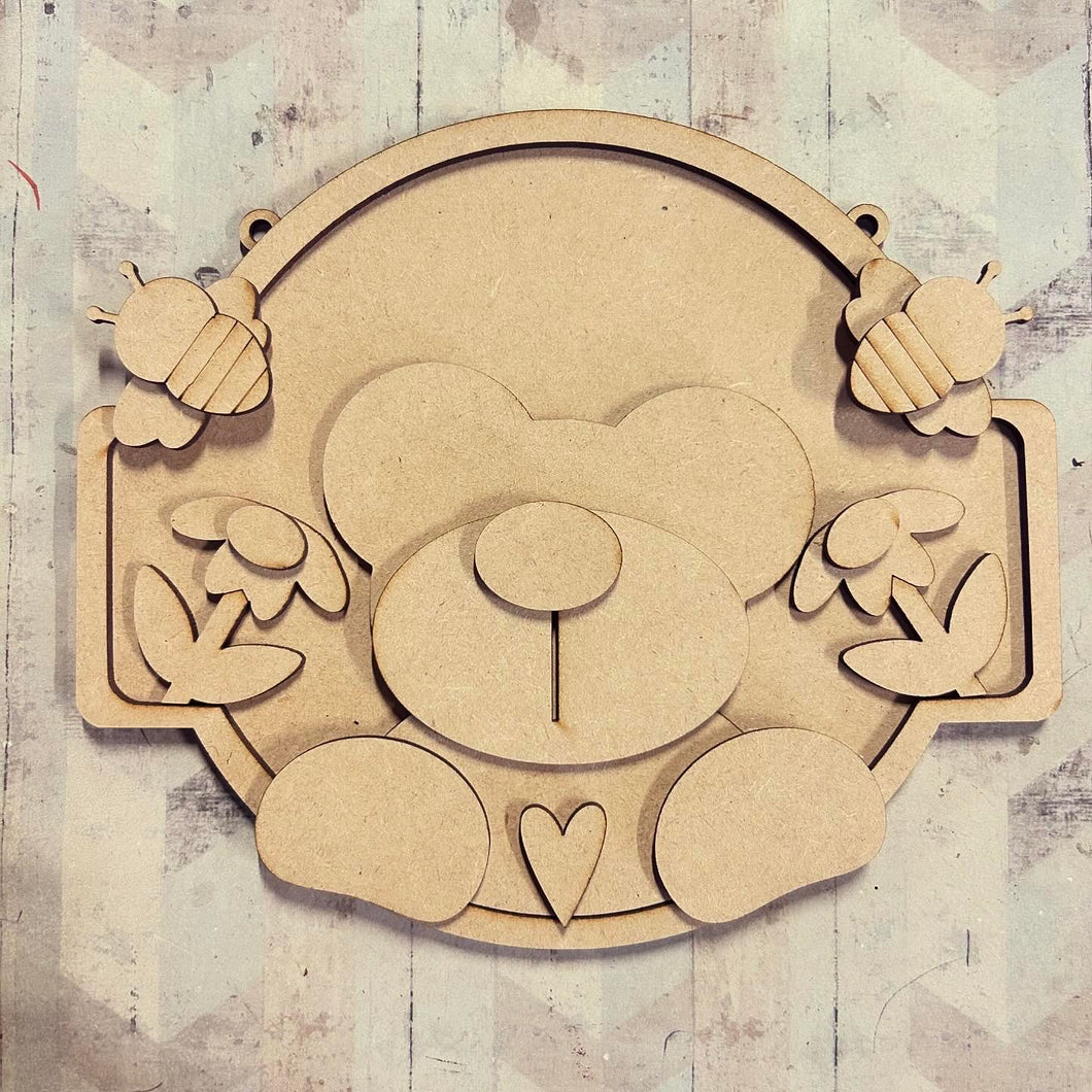 NO127 - MDF This Bear Flower Bee Hanging Sign - Olifantjie - Wooden - MDF - Lasercut - Blank - Craft - Kit - Mixed Media - UK