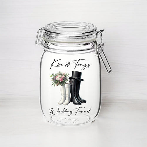 UV268 - Personalised Fund Jar UVDTF Decal - Wedding Wellies themed - Olifantjie - Wooden - MDF - Lasercut - Blank - Craft - Kit - Mixed Media - UK