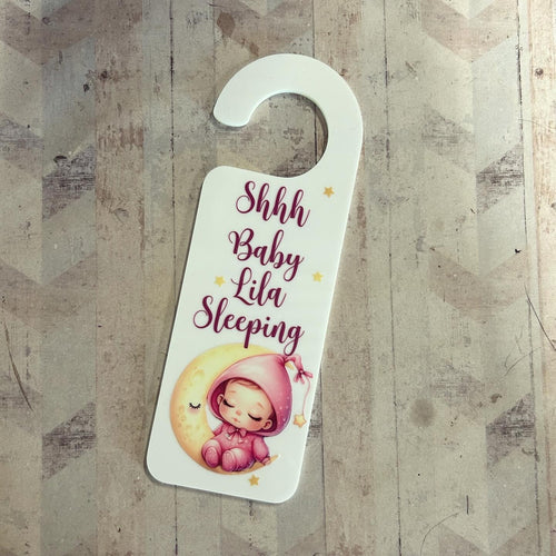 UV235 -  UVDTF Door Hanger Personalised decal with optional Acrylic Door Hanger - Shhh Baby Sleeping Girl Moon - Olifantjie - Wooden - MDF - Lasercut - Blank - Craft - Kit - Mixed Media - UK