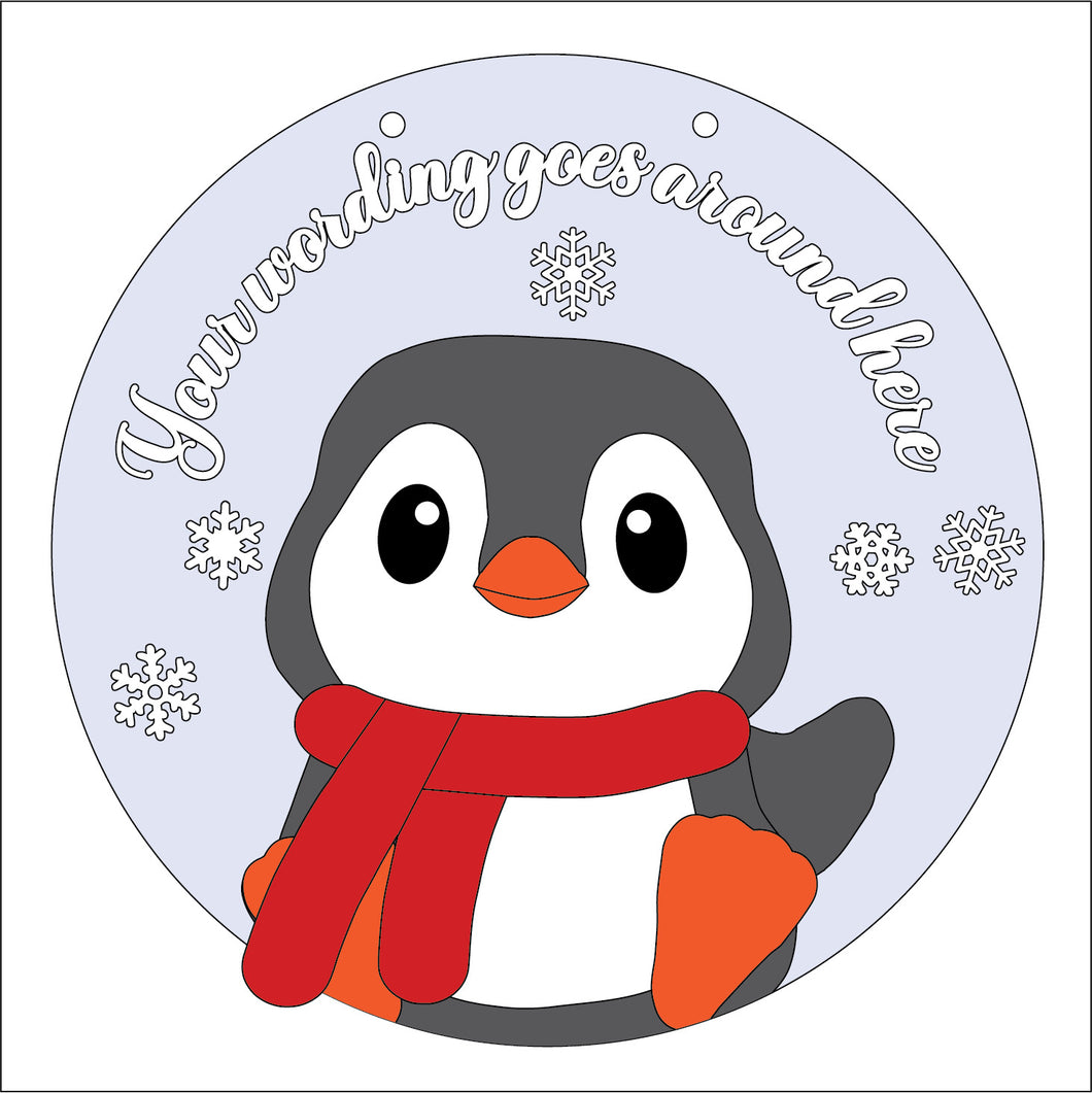 OL5339 - Large Round Christmas Penguin Personalised Plaque Style 4 - optional hanging - Olifantjie - Wooden - MDF - Lasercut - Blank - Craft - Kit - Mixed Media - UK