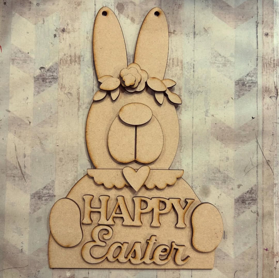 NO548 - MDF Large Bunny Rabbit Easter Sign 'Happy Easter’ - Olifantjie - Wooden - MDF - Lasercut - Blank - Craft - Kit - Mixed Media - UK