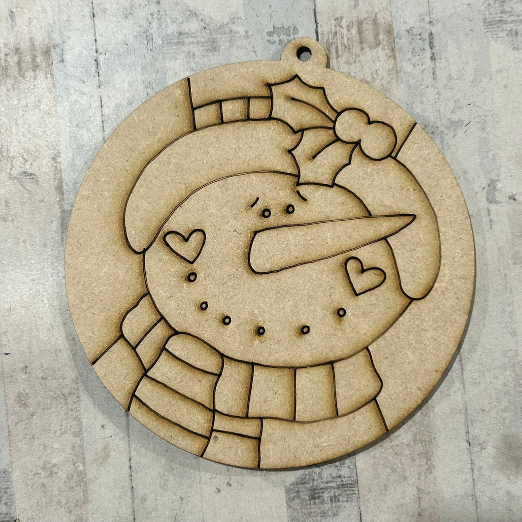 NO472 - MDF 2 Sizes  Christmas Hanging Bauble - Engraved Snowman Hat Round - Olifantjie - Wooden - MDF - Lasercut - Blank - Craft - Kit - Mixed Media - UK