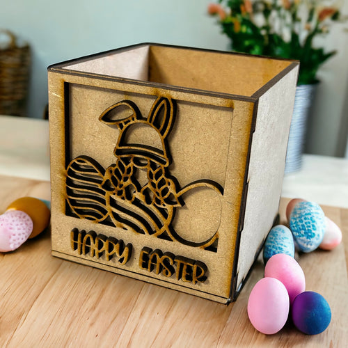 BX023 - MDF Personalised Treats, Chocolate, Gifts Box - optional lid - Female gnome with eggs - Olifantjie - Wooden - MDF - Lasercut - Blank - Craft - Kit - Mixed Media - UK