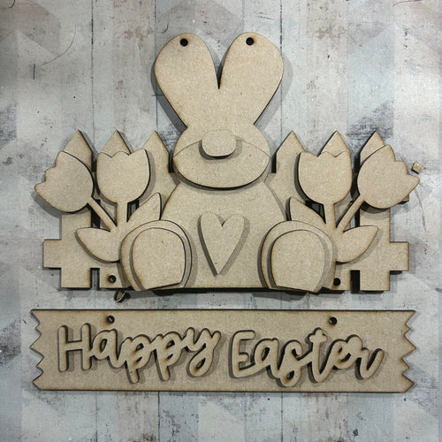 NO619 - MDF Happy Easter Hanging Bunny Scene - Olifantjie - Wooden - MDF - Lasercut - Blank - Craft - Kit - Mixed Media - UK