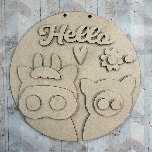 NO645 - MDF Large Cow Pig Hello Round Hanging - Olifantjie - Wooden - MDF - Lasercut - Blank - Craft - Kit - Mixed Media - UK