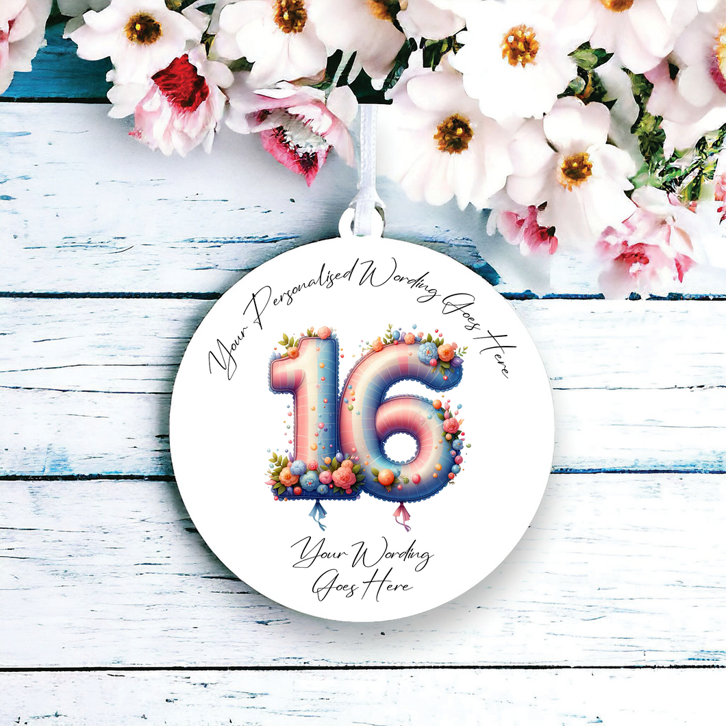 UV519 - Acrylic and UVDTF Personalised Round Hanging - 16th Birthday Balloon A - Olifantjie - Wooden - MDF - Lasercut - Blank - Craft - Kit - Mixed Media - UK