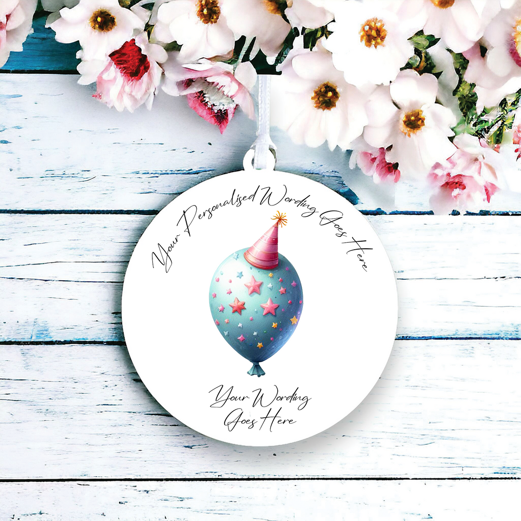 UV523 - Acrylic and UVDTF Personalised Round Hanging - Blue Birthday Balloon - Olifantjie - Wooden - MDF - Lasercut - Blank - Craft - Kit - Mixed Media - UK