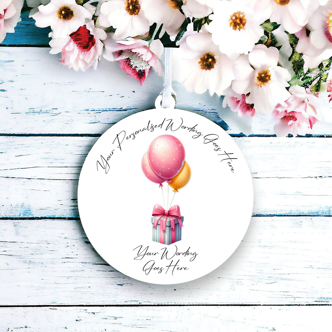 UV524 - Acrylic and UVDTF Personalised Round Hanging - Pink Birthday Balloon and Presents - Olifantjie - Wooden - MDF - Lasercut - Blank - Craft - Kit - Mixed Media - UK