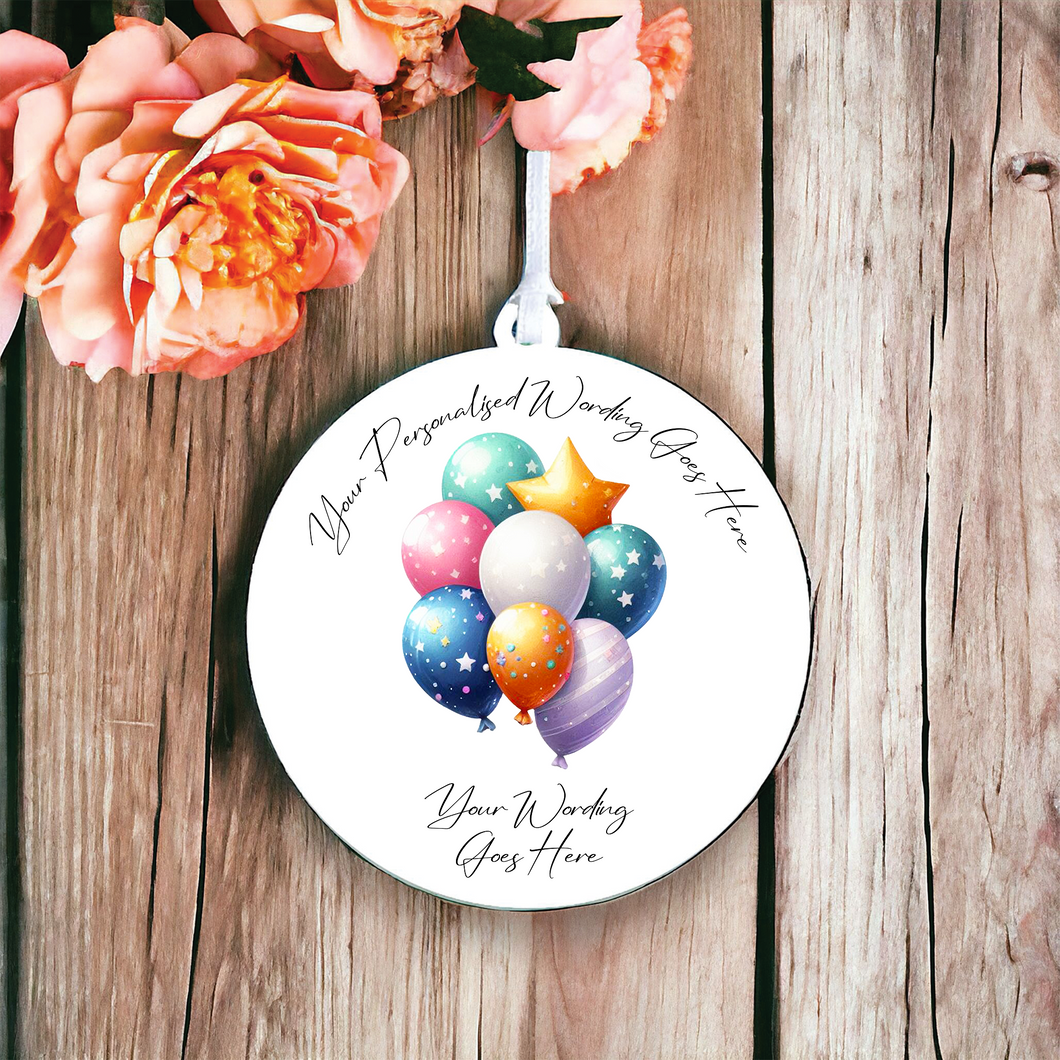 UV526 - Acrylic and UVDTF Personalised Round Hanging - Birthday Balloons - Olifantjie - Wooden - MDF - Lasercut - Blank - Craft - Kit - Mixed Media - UK