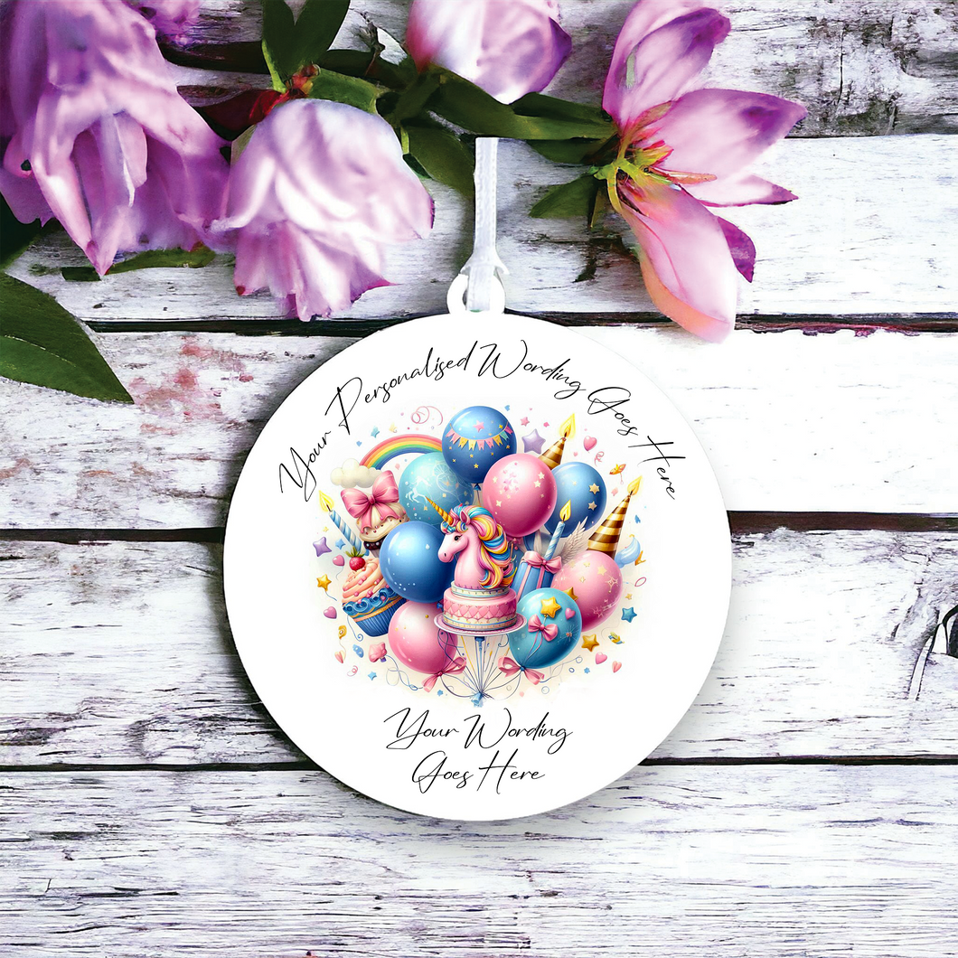 UV525 - Acrylic and UVDTF Personalised Round Hanging - Birthday Balloons and Unicorns - Olifantjie - Wooden - MDF - Lasercut - Blank - Craft - Kit - Mixed Media - UK